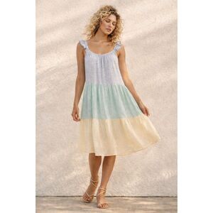 Rails Capri Rainbow Stripe Linen Blend Tiered Ruffle Midi Nautical Dress Size XS